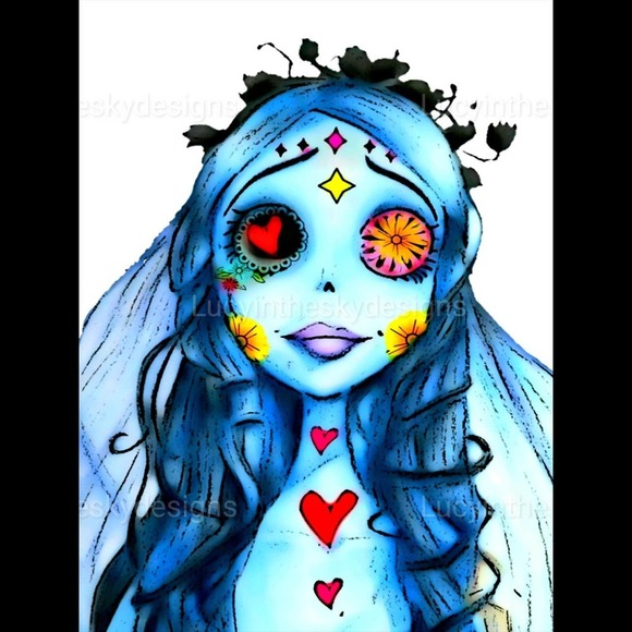 Corpse Bride Bright Blue Sugar Skull Wedding Art Print 8.5x11 Spooky Halloween - Picture 2 of 5